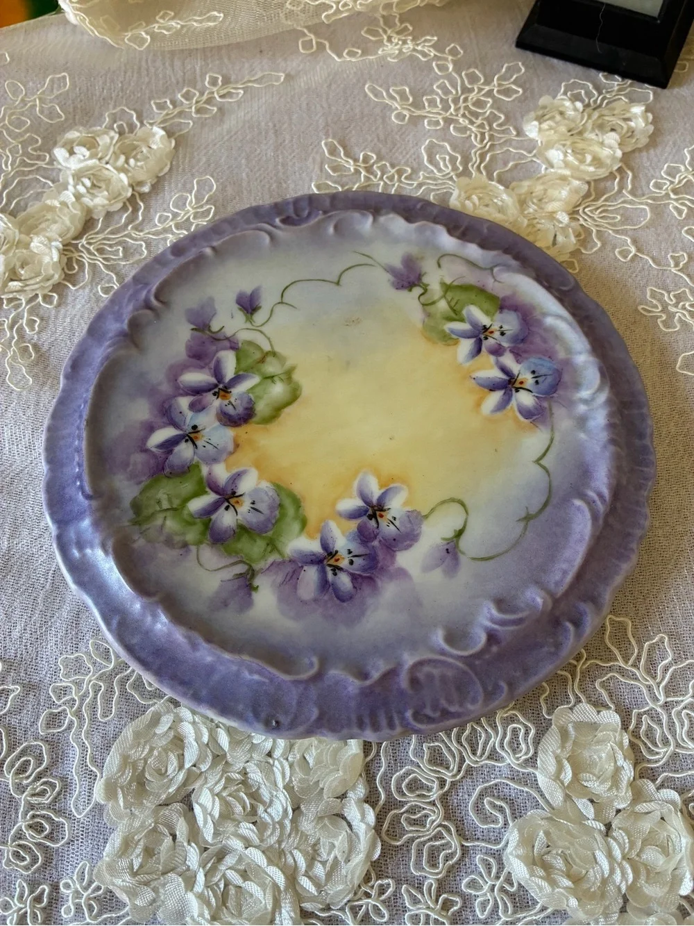 Hand-Painted Floral Decorative Plate in Lavender and Yellow